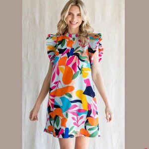JODIFL Multi Color Smocked Ruffle Cap Sleeve Mini Dress